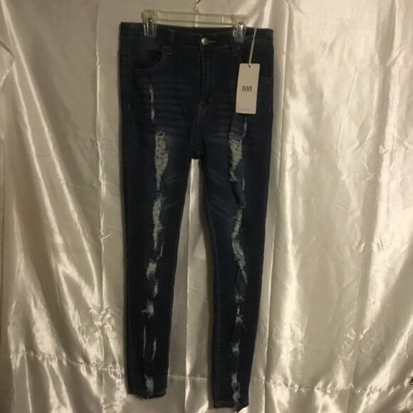 American Bazi Denim - American bazi Medium Wash Whisker Detail High Waist Destroyed Skinny Jeans 9